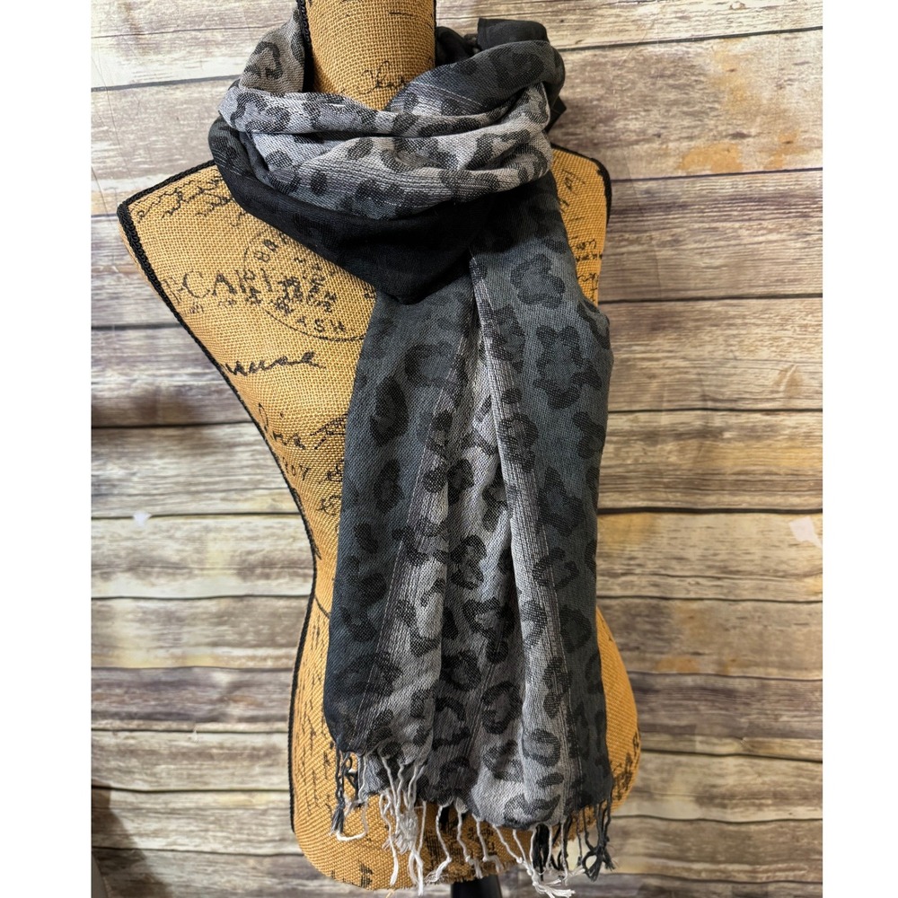 Gray Black Leopard Print Wrap Scarf Animal Pattern Fringe Trim Shawl Oversized